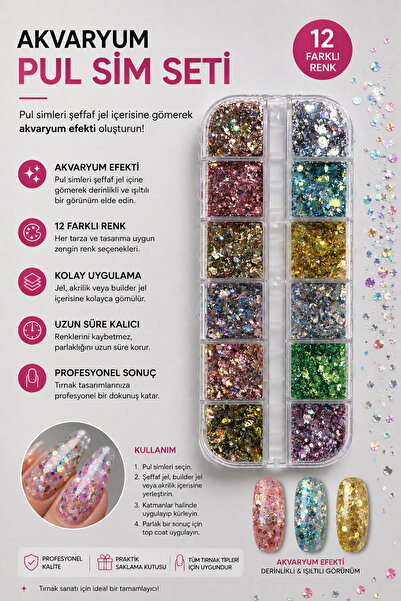 RNK BEAUTY Nail Art Süsleme Akvaryum 3D Sim Seti 12'li Kutu