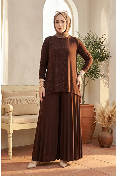sefamerve Sandy Kumaş Bluz Pantolon Tesettür ikili Takım 5632-05 Kahverengi