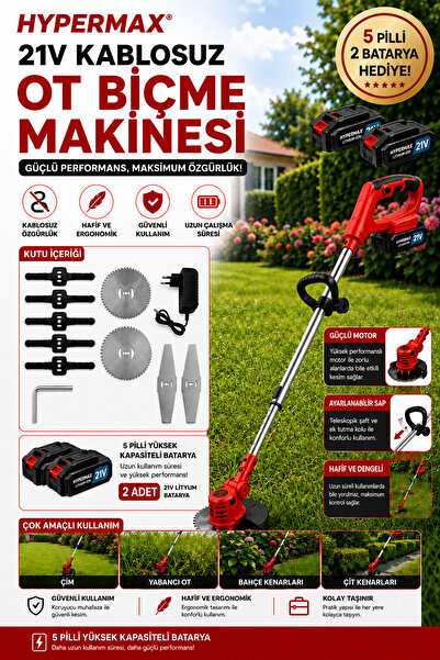 hypermax Şarjlı Çim Biçme Makinesi Tırpan 2X Batarya Akü