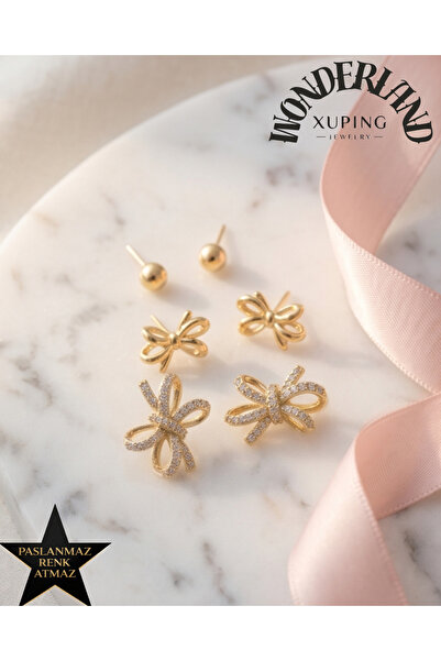 XUPING JEWELRY Zirkon Taşlı Fiyonk Set Kadın Küpe - Çoklu Küpe - 14K Altın Re...