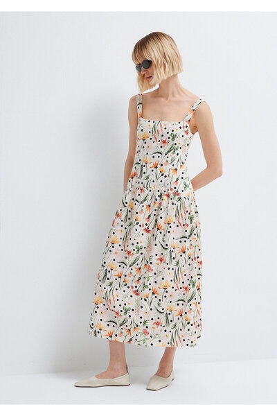 Mavi Rochie midi ecru cu imprimeu floral și guler pătrat 1310878-91526