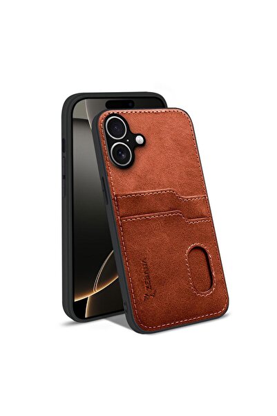 Zebana Apple iPhone 17 Uyumlu Kılıf Kartlıklı Lüx Deri Kılıf Kahverengi