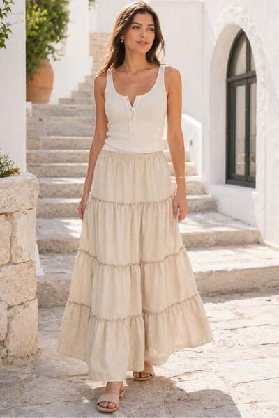 Madmext Beige Basic Plissee Langer Damenrock