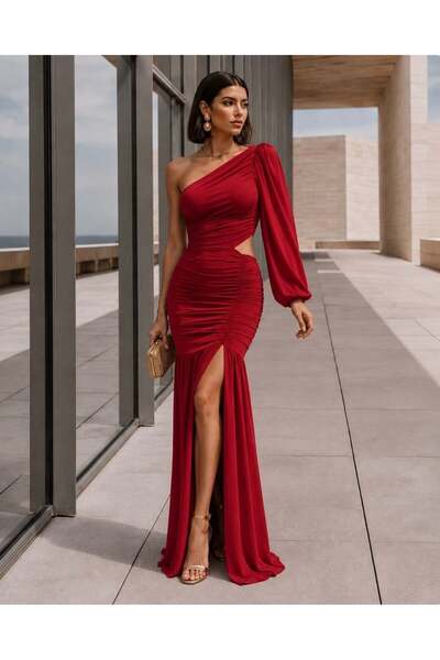 Modafeminen One-Sleeve Draped Evening Dress with Window Detail 582758 Burgundy