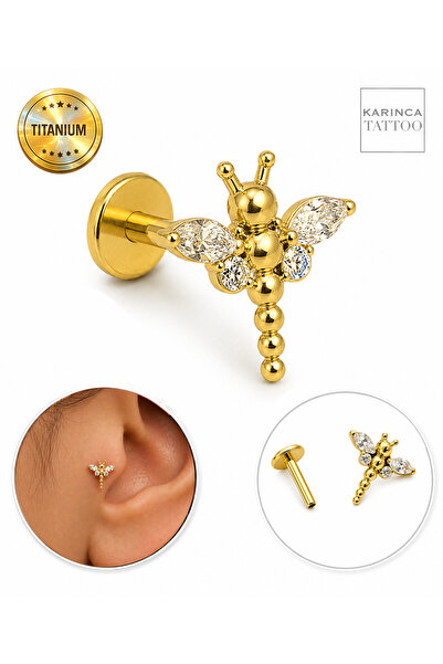 Karınca Piercing Dragonfly Zirkon Taşlı Titanyum Piercing Flatback Tragus Fla...