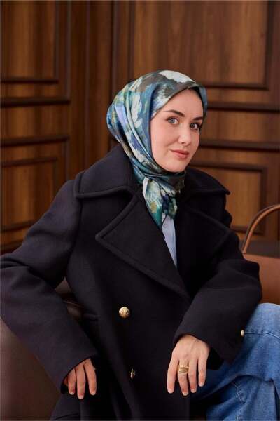 Silk Home Twill Silk Scarf Petrol Blue-Green Patterned Tok Duruşlu 90X90