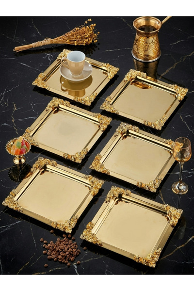 SEVA ÇELİK 6 Pcs Steel Gold Color Square Four Corner Service and Presentation...