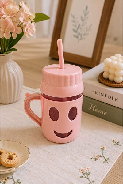 Dinçkan 370cc GÜLENYÜZ PİPETLİ KULPLU CAM BARDAK /D-331 -BPA Free-Pembe