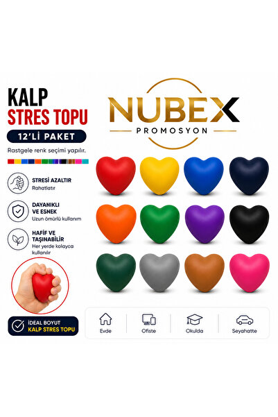 NUBEX PROMOSYON Kalp Şekilli Baskısız Stres Topu 12'li Paket – Yumuşak PU Mal...