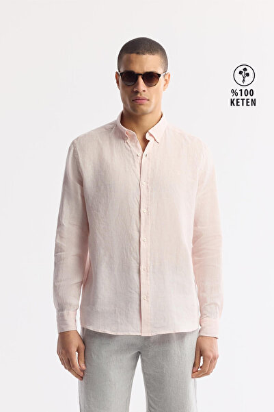 Avva Men's Pink Button down Collar 100% Linen Comfort Fit Shirt B002191