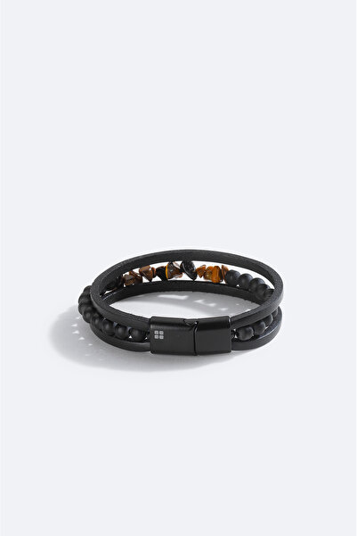 Avva Men's Brown 100% Leather Tiger's Eye and Onyx Bracelet A51Y9617