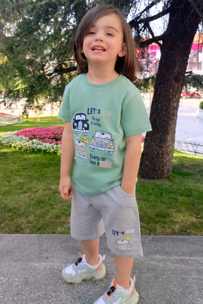 Breeze Boy's Shorts Set with Retro Car Print, Ages 1.5-5, Mint Green