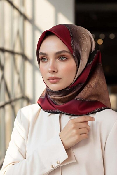 Vissona 100% twill silk geometric patterned burgundy - black colored 90x90 sc...