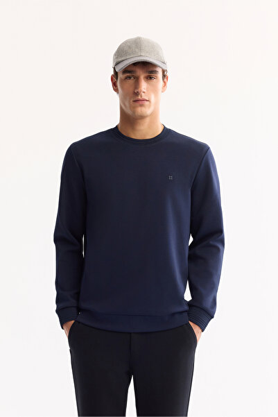 Avva Men's Navy Blue Crew Neck Cotton Bi-Stretch Regular Fit Sweatshirt A52Y1271