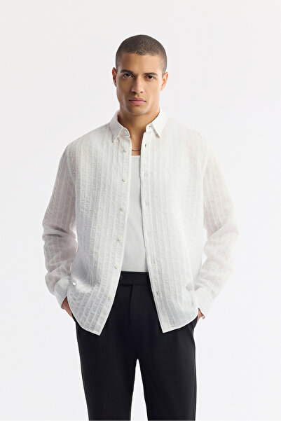 Avva Men's White Bottomed Britli Collar Striped Lyocell Comfort Fit Shirt A51...