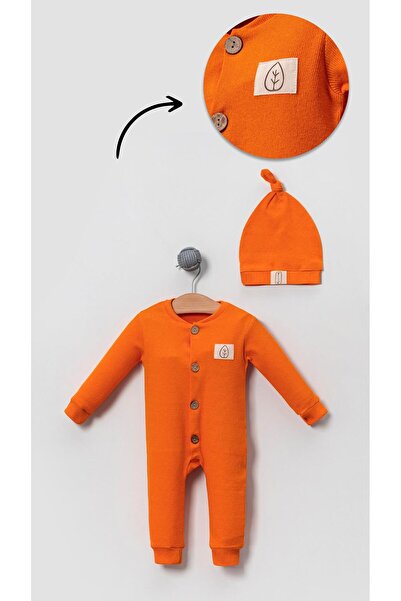 Bubito Unisex Tahta Düğme Görselli Şapkalı Waffle Bebek Tulum - Turuncu
