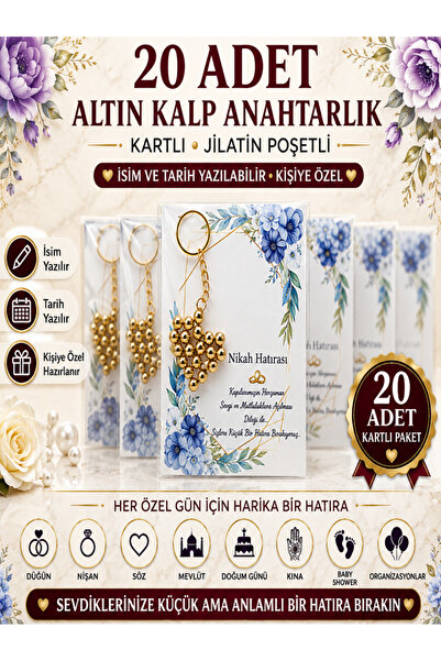 tasarımatölyesim GOLD İNCİLİ KALPLİ HEDİYELİK ANAHTARLIK KARTLI SÖZ/NİŞAN/NİK...