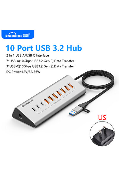 Choice HU101 US PLUG Blueendless موزع USB-C من الألومنيوم، USB3.2 Gen2 بسرعة ...