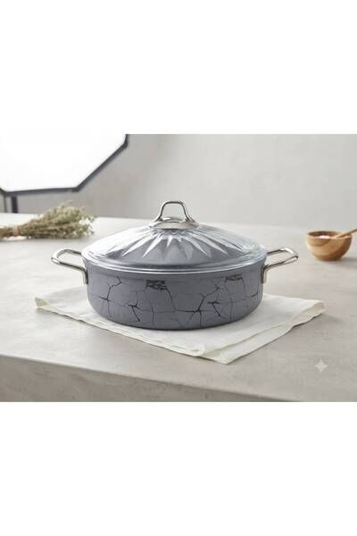 SARA Granite Fireproof Non-Stick Flat Pot 26 cm / Gray Marble Patterned Casse...