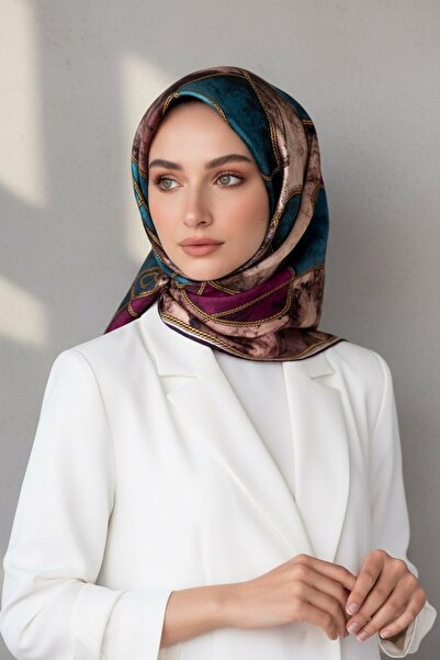 Vissona %100 Twill İpek Zincirli Mermer Desenli Mürdüm - Petrol Mavisi Renkli...