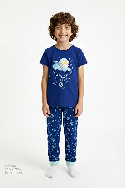 Penti Boy's Navy Blue Cosmic Nap Short Sleeve 2-Piece Pajama Set
