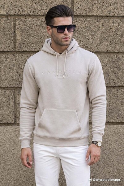 Madmext Beige Hooded Basic Sweatshirt 6014