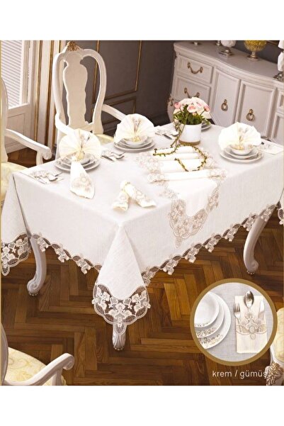 Ceki Home Karanfil Gardenya Linen Dinner Set Table Set for 12 People 26 Piece...