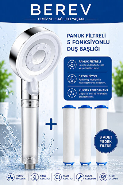Berev Filtreli 5 Fonksiyonlu Krom Yüksek Basınçlı Ayarlanabilir Duş Başlığı 3...