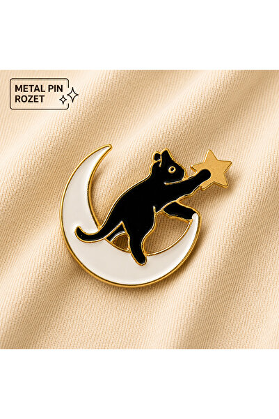 DREAMIOGIFTANDBOX Ay Üzerindeki Siyah Kedi Yıldız Metal Pin Rozet Kawaii Çant...