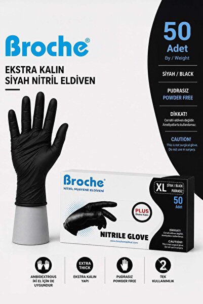 Broche Ultra Extra Kalın Siyah Nitril Muayene Eldiveni Pudrasız 50’li Paket -...