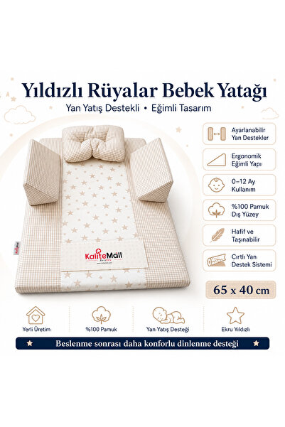 KaliteMall Yıldızlı Rüyalar Bebek Yatağı – Yan Yatış Destekli Eğimli Yastık –...