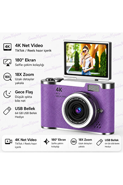 TUX Mor Renk 4K Dijital Fotoğraf Makinesi 48MP Flip Ekran 18X Zoom Flaşlı 64G...