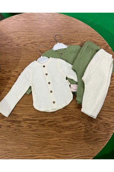 Bebeğin 50 Tonu Baby Boy Muslin Fabric Khaki Cream Double Suit 5 Buttons Oval Cut 3 6 9 12 18 Months