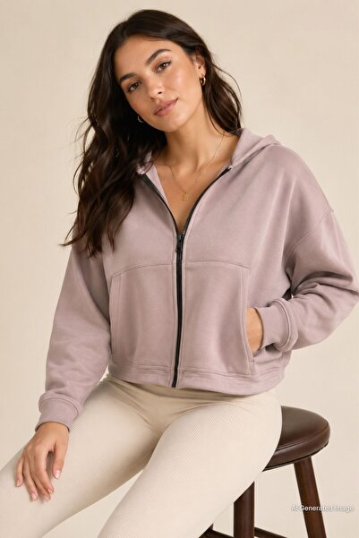 Madmext Beige Zippered Hooded Long Sleeve Short Cardigan Mg2214