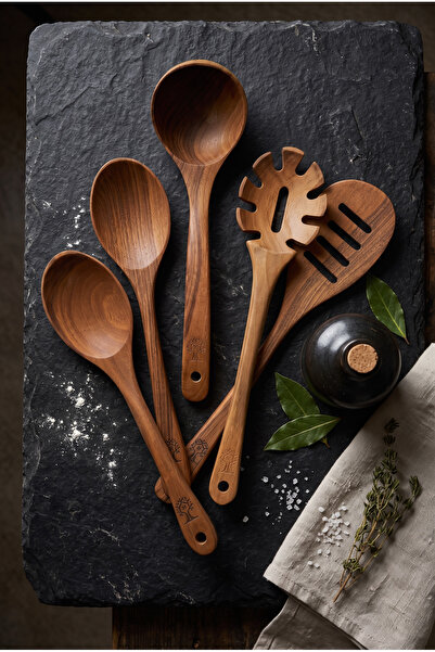 Öz Ahşap Handmade Antique Walnut 6-Piece Water-Resistant Luxury Walnut Stand-Up Wooden Spoon & Spatula Kitchen Set