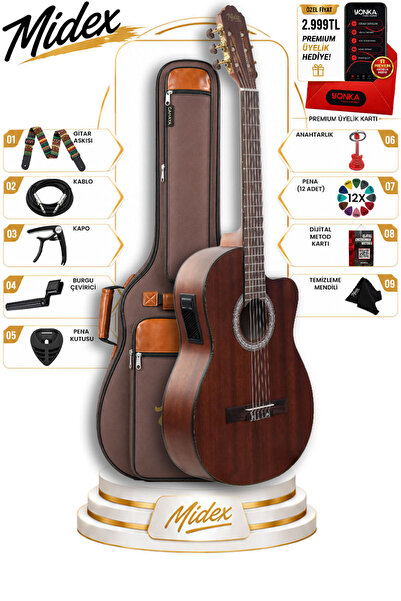 Midex X48-EQ Ekolayzerli Profesyonel Elektro Klasik Gitar Seti Maun Ağacı El ...