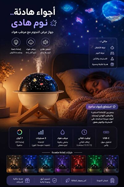 Generic مصباح إسقاط ضوئي مع مرطب هواء يعمل بـUSB، إضاءة ليلية ومرطب هواء بخزا...