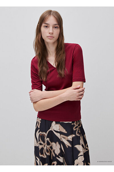 United Colors of Benetton Women's Plum 100% Cotton Half Sleeve Deep V-Neck T-...