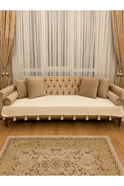 Essa Home Collection Kaydırmaz Püsküllü Koltuk Örtüsü %100 Pamuklu Çekyat Ört...