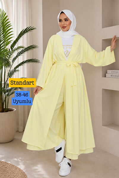 Mogi Butik طقم كيمونو نسائي طويل مع سترة وبنطلون وحزام وملابس إسلامية متناسقة...
