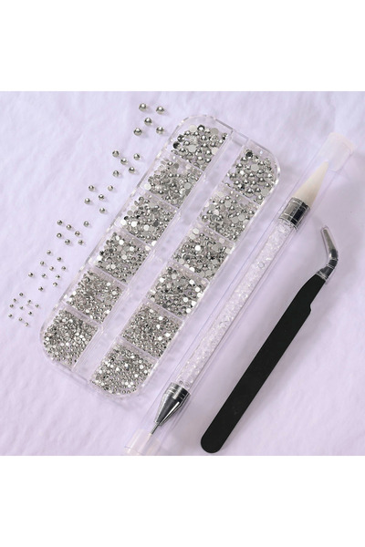 Choice9 1 12Grids 3D White Nail Art Rhinestones&2Tools Mixed-Sizes Flatback R...