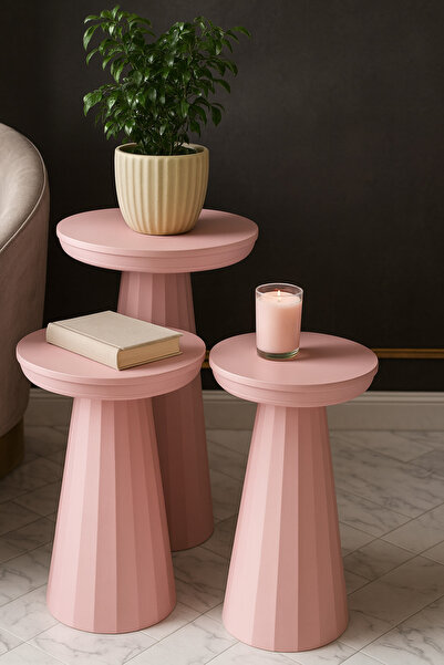 hedefixtoys Pembe Modern Ahşap Mantar Yan Sehpa – 3’lü Dekoratif Zigon Takımı