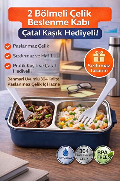 genel tr Navy Blue Benmarili Stainless Steel Lunch Box 2-Compartment Lunch Bo...