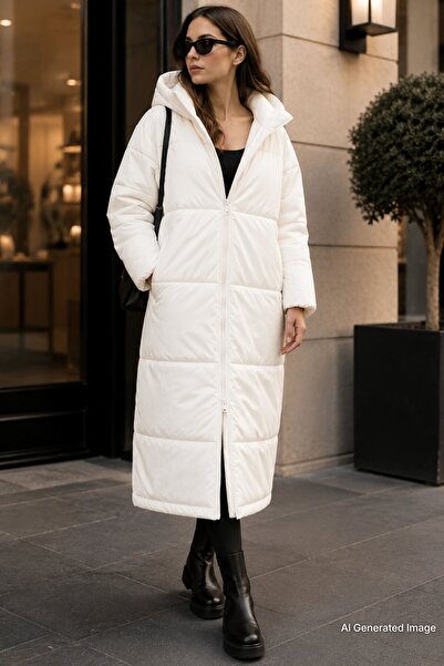 Madmext Mad Girls Ecru Long Puffer Coat Mg1303