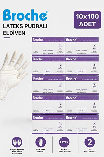 Broche LATEKS PUDRALI MUAYENE ELDİVENİ L BEDEN 10'LU PAKET