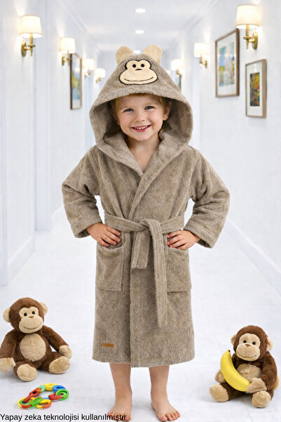 ELY PARKER Hooded Children's Bathrobe 100% Cotton Water Absorbent Monkey Boys...