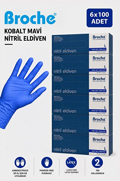 Broche PUDRASIZ KOBALT NİTRİL ELDİVEN L BEDEN 6'LI PAKET
