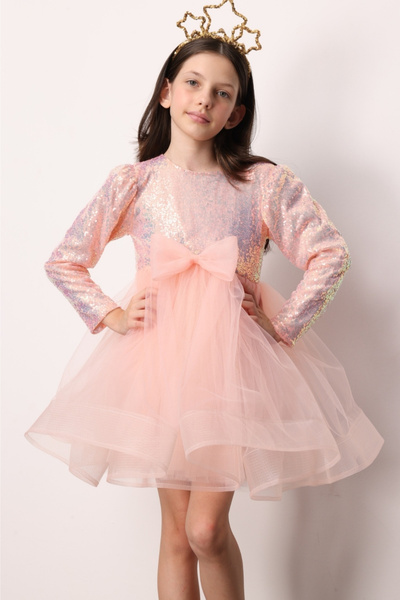 Le Mabelle Salmon Sequin Dotted Bow Detailed Girls' Dress - Irene
