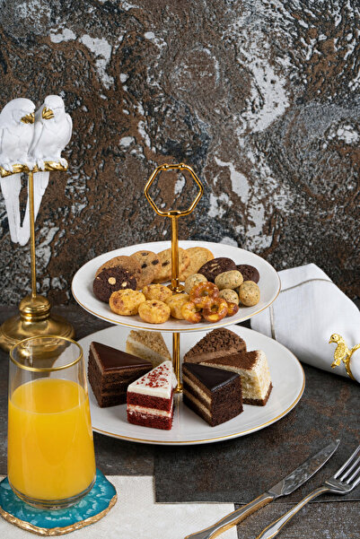 Heda Porselen Hayal Gold Gilded 2-Tier Porcelain Cookie Holder and Presentati...