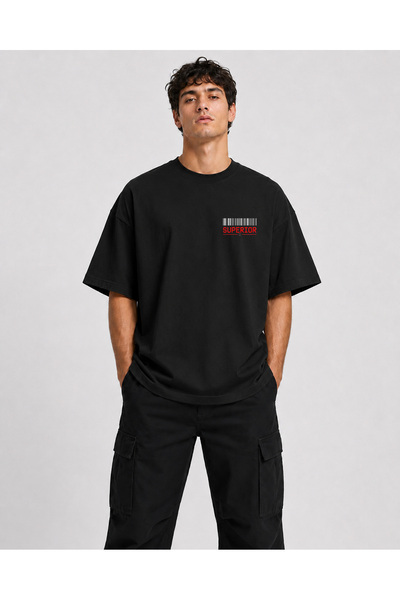 chaygoy Unisex Relaxed Fit Siyah Tişört Superior Street Ön ve Sırt Baskılı %100 Pamuk